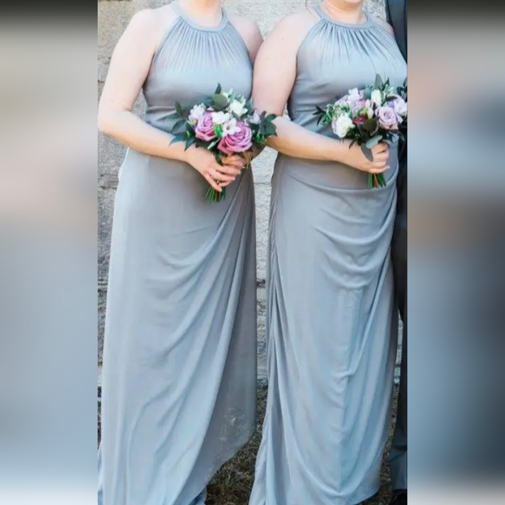 David's Bridal Silver Grey Grecian Halter Bridesmaid Dress, Size 8, Worn Once